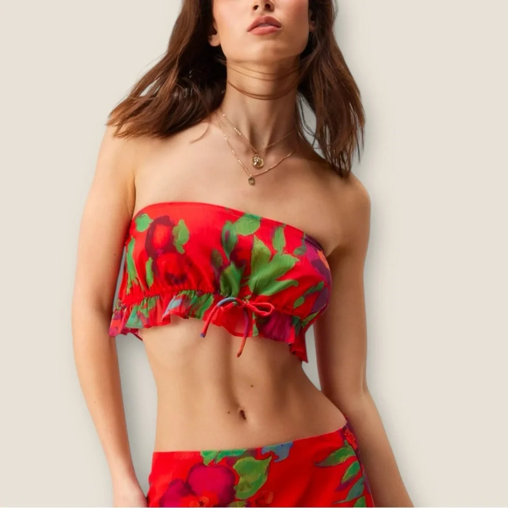 NASTY GAL | Floral Frill Bandeau Top | Size 6 + 8